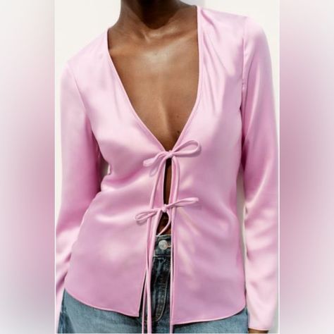 Zara Top Pink Glam, Nike Tennis Dress, Zara Blouse, Women Pink, Satin Shirt, Front Tie Top, Short En Jean, Pink Satin, Casual Party