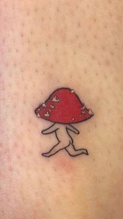 Small Red Mushroom Tattoo, Semi-colon Tattoo Mushroom, Funny Mushroom Tattoo, Mushroom Minimalist Tattoo, Mushroom Ghost Tattoo, Mushroom Tattoos Trippy, Mushroom Person Tattoo, Mushroom Ankle Tattoo, Red Mushroom Tattoo