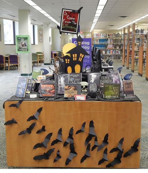 It Came From the Library - Could turn this into a window display. Library Halloween, Halloween Library, School Library Decor, School Library Displays, Teen Library, Middle School Libraries, Library Work, Library Themes, Library Book Displays