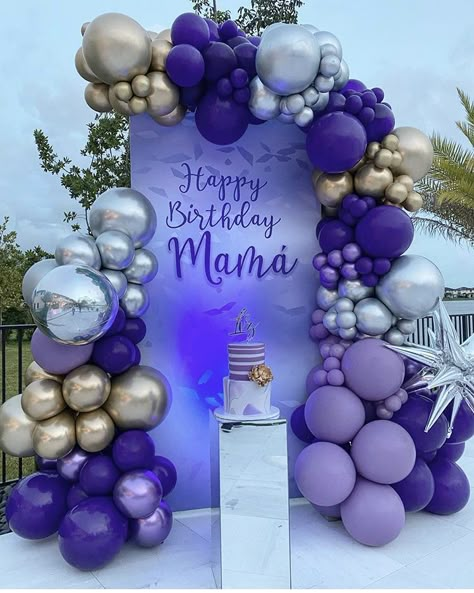 Teal And Silver Balloon Garland, Hallway Balloon Decorations, Happy Birthday Mama, Happy Birthday Decor, Bridal Shower Balloons, Purple Birthday, Balloon Arrangements, Birthday Balloon Decorations, Birthday Party Theme Decorations