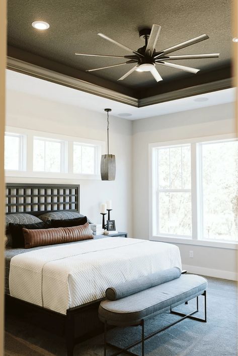 12 Tray Ceiling Ideas to Inspire you! Masculine Bedroom Ceiling Lighting, Master Bedrooms With Trey Ceilings, Masculine Bedroom Grey Headboard, Tray Ceiling Remodel, Wood Plank Tray Ceiling Master Bedrooms, Moody Bedroom Ceiling, Indented Ceiling Bedroom, Trayed Ceiling Ideas Bedroom, White Walls Dark Ceiling Bedroom