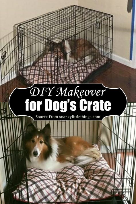 Dog Kennel Disguise, Decorated Dog Kennel, Dress Up Dog Crate, Make A Dog Crate Look Better, Double Dog Crate Ideas, Upcycle Dog Crate, How To Make A Dog Cage Cute, Cute Dog Crate Ideas Diy, Dogs Cage Ideas Indoor