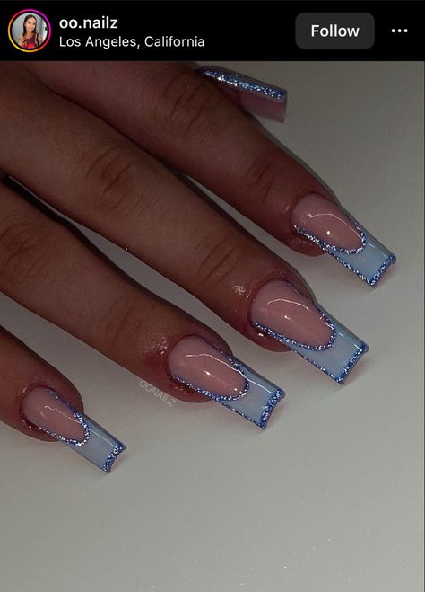 Square Shape Nail Ideas, Simple Cute Blue Nails, Blue French Tip Nails With Glitter, Birthday Nail Ideas Acrylic Medium, Y2k Winter Nails, Rod Wave Nails, Bridesmaid Nails Blue, Blue Nail Designs Almond, Red Cute Nails