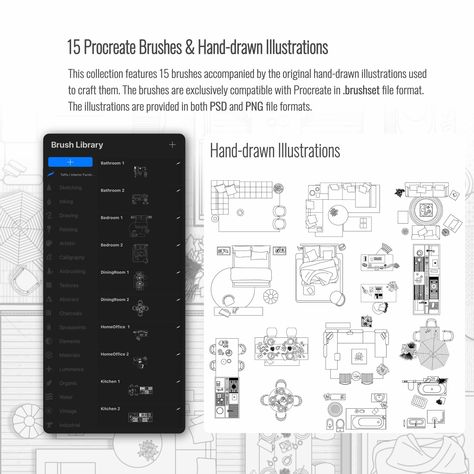 Procreate furniture plan brushes, illustrations & templates for creating beautiful furniture designs. #procreate #furniture . #Brush_Sets #Furniture_Plan_View #Procreate_Outline #Procreate_Free Furniture Plan View, Procreate Outline, Procreate Brushes Download, Artist Bedroom, Free Procreate, Illustrator Brushes, Procreate Brushes Free, Procreate Art, Free Brush