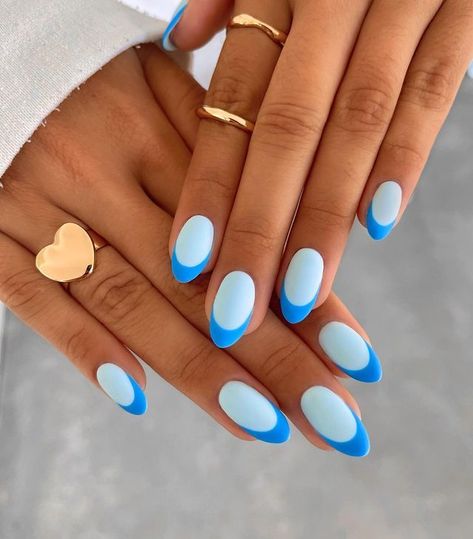 Bright Trendy Nails, Orange Nails Oval, Neon French Tip Nails, Two Color French Tip Nails, Nail Design Glitter, Light Blue Nails, Baby Blue Nails, Broken Nails, Nagel Tips