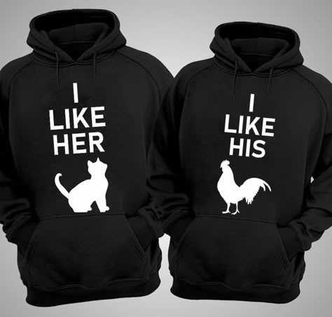 Matching Couple Hoodies I Like Her I like His 8 oz 50/50 cotton/poly Air jet yarn creates a smooth, low-pill surface Double needle stitching; Pouch pocket; Unisex sizing Decoration type: Digital Print Made by Gildan Size Chart Mr And Mrs Matching Outfits, Couples Matching Clothes, Match Making Couples, Cute Ideas For Your Girlfriend, Cute Matching Hoodies, Cute Matching Outfits For Couples, Matching Couple Things, Couples Sweatshirts Hoodie, Matching Clothes Couple