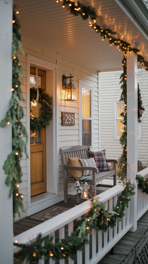 Transform your porch into a cozy holiday haven with these Christmas porch decorating ideas! From wreaths to twinkling lights, make your home’s entrance festive and warm. #ChristmasPorchDecor #ChristmasPorchIdeas #FrontPorchChristmas Porch Light Decorations Christmas, Southern Porch Christmas Decor, Garland Front Porch Christmas, Christmas Lights Porch Railing, Porch Christmas Lights Outdoor, Front Porch Christmas Columns, Christmas Front Porch Pillars, Outdoor Christmas Lights Front Porch, Garland On Front Porch Railing