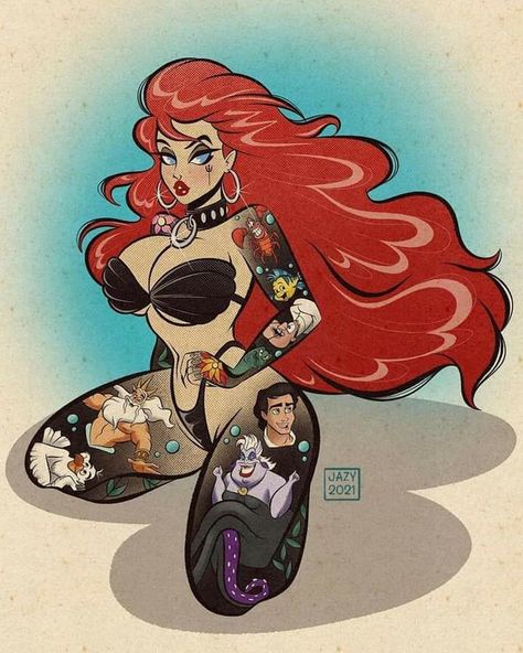 Punk Disney Characters, Dark Disney Princess, Dark Disney Art, Disney Pin Up, Goth Disney Princesses, Disney Punk, Goth Disney, Tattoo Disney, Arte Pin Up