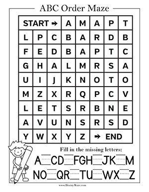 Learning Alphabetical Order can be fun with these free maze and handwriting worksheets.  Children work their way through the alphabet by coloring each square until they reach the end of the maze.  Then children fill in the missing letters of the uppercase alphabet. Alphabet Worksheets For Grade 1, Alphabet Mazes Free Printables, Fill In The Missing Letter Worksheets, Alphabet Order Worksheets, Alphabet Puzzles Free Printable, English Alphabet Worksheets, Alphabet Worksheets For Kindergarten, Fun Alphabet Activities, Alphabetical Order Worksheets