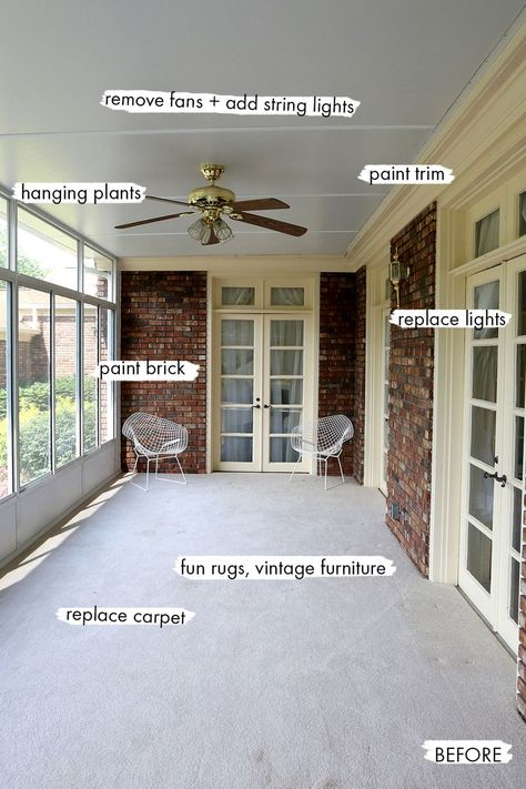 Sunroom BEFORE Sun Porch Guest Room, Sunroom In Front Of House, Low Ceiling Sunroom, Back Sunroom Ideas, 3 Season Room Ideas Sunroom Cozy, Turning Porch Into Sunroom, Entrance Sunroom Ideas, Sun Porch Remodel, Closing In Back Porch Ideas