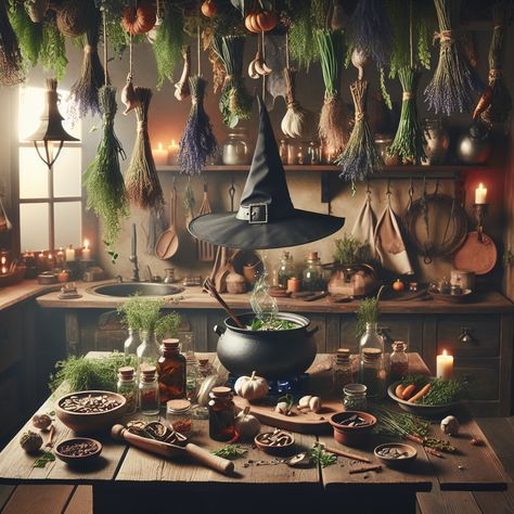 A kitchen filled with magical ingredients, where a witch brews a potion with herbs hanging from the ceiling. Witches Brew Aesthetic, Witch Apothecary Aesthetic, Dollhouse Transformation, Kitchen Witch Aesthetic, Witch Cafe, Witch's Apothecary, Potion Room, Kitchen Witch Decor, Dark Witchcraft