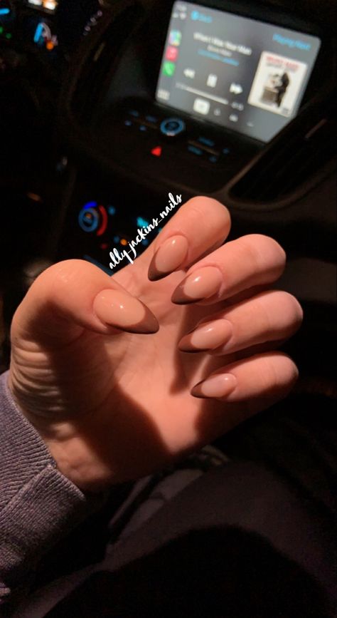 Brown Nails Aesthetic Almond, Almond Shape Brown French Tip Nails, Brown Almond Nails French Tip, Short Almond Shaped Nails Designs Fall, Almond Shape Fall Nails Ideas, Almond Nails Brown French Tip, Brown French Almond Nails, Brown French Nails Almond, Aesthetic Nails Almond Shape