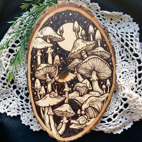 Witchy Woodburning Ideas, Snail Wood Burning, Mushroom Snail Art, Large Pyrography Art, Witchy Pyrography Ideas, Engraved Wood Art, Woodburn Mushroom, Cottagecore Wood Burning, Woodburning Art Ideas