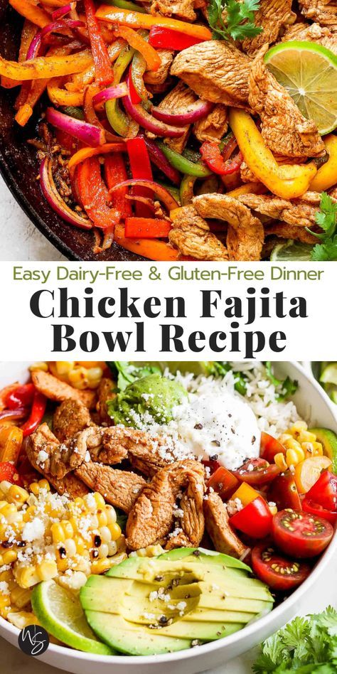 This delicious and healthy Chicken Fajita Bowl is an easy meal to make on all those busy weeknights! Made with tender, juicy chicken, fluffy rice, fresh fajita veggies, and all the best fajita bowl toppings. The whole family can build their bowl any way they want! This recipe is dairy-free and gluten-free. Tex Mex Bowl Recipe, Healthy Fajitas Bowl, Keto Chicken Fajita Bowl, Chicken Fajita Salad Bowl, Grilled Chicken And Rice Recipes Healthy, Rice Bowls Healthy Chicken, Healthy Meal Prep Dairy Free, Chicken Fajitas Rice Bowl, Fajita Rice Bowl Chicken