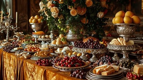 StockCake A lavish spread of fresh fruits, exquisite desserts, and luxurious silverware set for an elegant banquet. Banquet Aesthetic, Cheese Buffet, Exquisite Desserts, Autumn Brunch, Banquet Food, Royal Banquet, Luxury Catering, Christmas Banquet, Brunch Table Setting