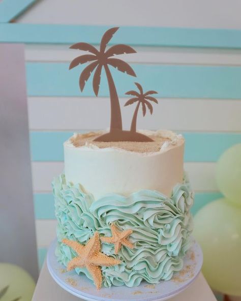 Palm Tree Cakes, Hawaii Cake, Wave Cake, Hawaiian Cake, Beach Cake, Pool Party Themes, Ocean Cakes, White Choc, Aesthetic Birthday