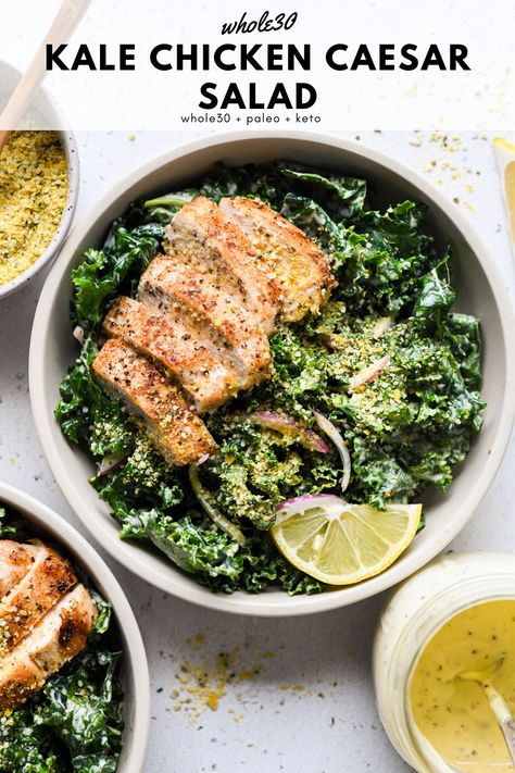 Kale Cesar Salad, Kale Chicken, Dairy Free Salads, Grub Hub, Chicken Kale, Kale Caesar Salad, Kale Salad Recipes, Whole30 Dinners, Seasoned Chicken