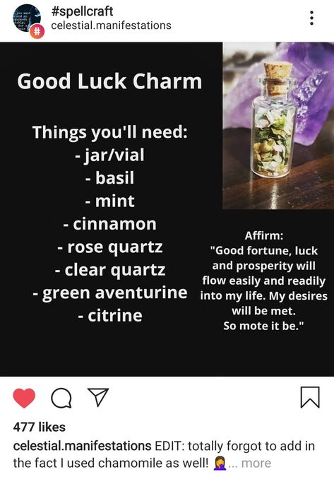 Good Luck Charm Spell, How To Make A Good Luck Charm, Good Luck Charms Diy, Witchcraft Setup, Good Luck Charms Symbols, Everyday Witchcraft, Good Luck Spell, Luck Magic, Witch Recipes