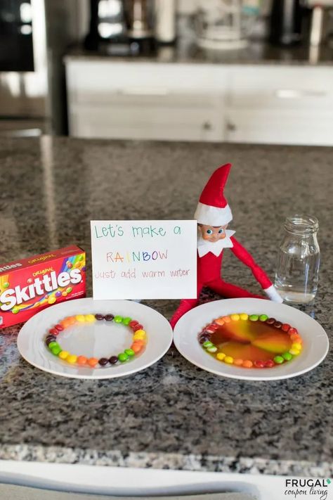 Elf On The Shelf Ideas M&ms, Elf Ideas With Skittles, Elf On The Shelf With M&ms, Elf On The Shelf Ideas With M&ms, Elf Experiment, Elf On The Shelf M&ms, Elf On The Shelf Skittles, Skittles Rainbow Experiment, Skittles Rainbow