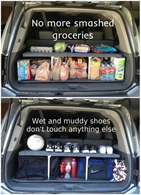 Hack your SUV's trunk space by making it double-decker. This DIY shelf helps organize cargo, and folds up when not in use.  See more at Instructables » Diy Regal, Car Organization, Organizing Hacks, Organisation Hacks, Ideas Para Organizar, Trunk Organization, Car Hacks, Diy Car, Diy Life Hacks