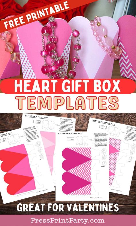 4 Free Heart Box Template Printables for Valentine's Day -Celebrate Valentine's Day in style with this adorable set of free heart box template printables to hold that special, sweet, little gift! Each template is uniquely designed to hold all sorts of little gifts and surprises, making them a versatile and fun way to spread the love. The download is a PDF file with all 4 paper heart box templates - Great for kids classroom gifts or Galentine's day favors - Press Print Party! Heart Box Template, Applesauce Valentines, Ring Pop Valentine, Dinosaur Valentine Cards, Printable Heart Template, Straw Valentine, Dinosaur Valentines, Heart Gift Box, Box Templates