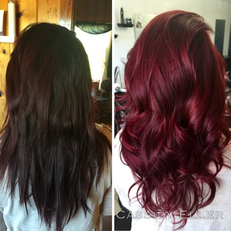 Before and after, brunette to red, Paul Mitchell the color & joico intensities Pelo Color Borgoña, Pelo Color Vino, Burgundy Hair Color, Wine Hair, Hair Color Burgundy, Dark Red Hair, Hair Color Shades, Fesyen Rambut, Burgundy Hair