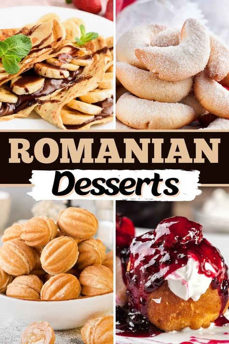 These traditional Romanian desserts are sweet, delicious, and full of so much history. From layer cakes to dumplings to pastries, bring a taste of Romania to your kitchen with these easy recipes. Romani Food Recipes, Romanian Food Desserts, Traditional Romanian Desserts, Romanian Christmas Cookies, Easy Romanian Desserts, Eastern European Recipes Desserts, Romanian Recipes Traditional, Romanian Cake Recipes, Romanian Food Recipes Traditional