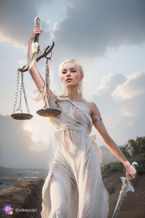 White Robes, Goddess Of Justice, Neural Art, Scales Of Justice, In Harmony With Nature, Harmony With Nature, Ancient Mythology, Greek Goddess, Gods And Goddesses