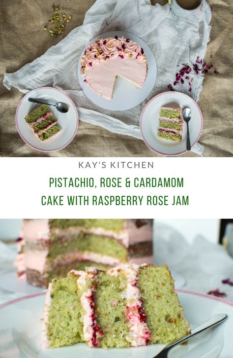 Pistachio Rose Water Cake, Fun Cakes Recipes, Pistachio Rose Cardamom Cake, Pistachio Rose Cake Recipe, Rose Cardamom Cake, Cardamom Pistachio Cake, Cardamom Rose Cake, Lemon Cardamom Cake, Rose And Pistachio Cake