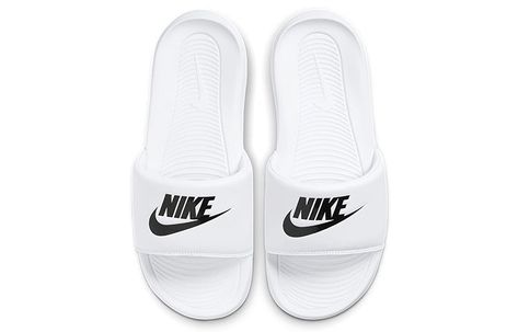 Nike Womens WMNS Victori One Slide 'White Black' White/White/Black CN9677-100 Nike Sliders, White Nike Slides, Beige Flip Flops, Slides Nike, Nike Flip Flops, Nike Noir, Nike Slippers, Nike Sandals, Nike Design