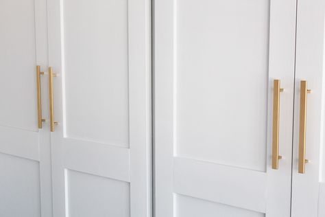 DIY spray-painted hardware White Closet Gold Handles, White Wardrobe Gold Handles, White And Gold Wardrobe, Gold Wardrobe Handles, Diy Interior Furniture, The Frugality, White Internal Doors, Painted Wardrobe, Ikea Wardrobe