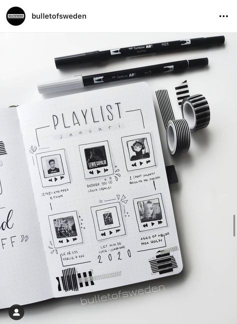 Bullet Journal Spread Ideas, Journal Spread Ideas, Bullet Journal Titles, Bullet Journal Minimalist, Hadiah Diy, Black Journals, January Bullet Journal, Bullet Journal Spreads, My Playlist