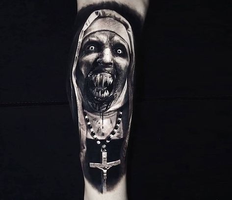 The Nun tattoo by Eliot Kohek | Photo 30450 Dark Nun Tattoo, Hell Raiser Tattoo, Demonic Nun Tattoo, The Conjuring Tattoo, Valak Tattoo, Conjuring Tattoo, Evil Nun Tattoo, Realism Tattoo Ideas For Men, Realism Tattoo Ideas