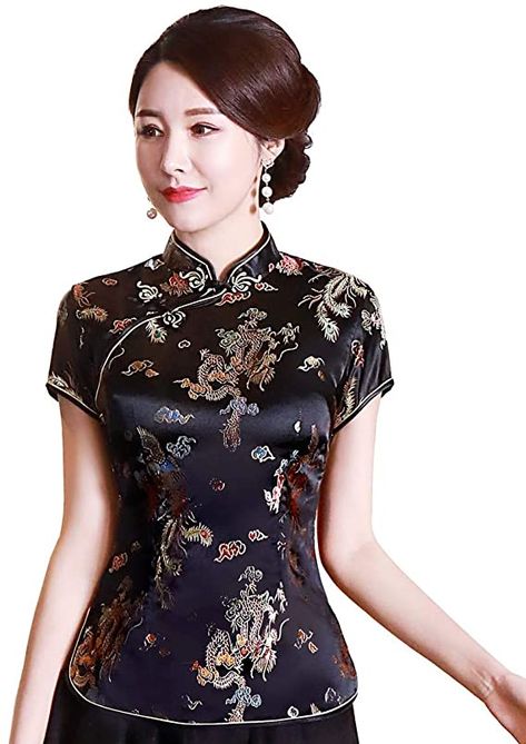 Shanghai Story Chinese Cheongsam Shirt Short Sleeve China Blouse for Women 6 B Black at Amazon Women’s Clothing store Cheongsam Shirt, Chinese Blouse, Chinese Shirt, Cheongsam Top, Female Shirt, Frog Closure, Chinese Cheongsam, Traditional Embroidery, Column Skirt