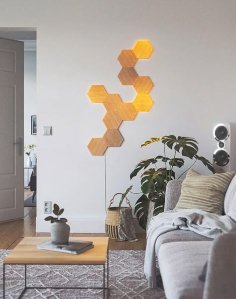 Nanoleaf Designs, Cosy Fireplace, Wood Hexagon, Art Deco Table Lamp, Light Panels, Smart Lights, Art Deco Table, World Of Interiors, Kit Homes