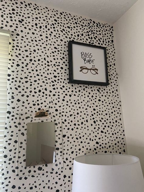 I decided it was time to spruce up my at-home workspace with a DIY spotted wall for less than $40 and much cheaper than wallpaper. Check out my blog post to learn more. How To Paint Dalmatian Spots, Diy Polka Dot Wall, Dalmation Wallpaper Bedroom, Dalmation Wall, Dalmatian Room, Spotty Wallpaper, Polka Dot Bathroom, Temporary Kitchen, Dot Wallpaper