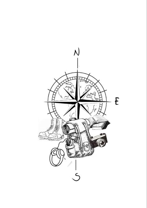 Hiking Compass Tattoo, Trekking Tattoo Ideas, Backpacking Tattoo Ideas, Backpack Tattoo Travel, Rafting Tattoo, Backpacker Tattoo, Trekking Tattoo, Backpacking Tattoo, Tattoo Camping