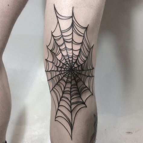 Spider Knee Cap Tattoo, Knee Cobweb Tattoo, Spider Wed Tattoos On Knee, Line Work Bat Tattoo, Dark Masculine Tattoos, Large Knee Tattoo, Cobweb Knee Tattoo, Cobweb Elbow Tattoo, Knee Spider Web Tattoo