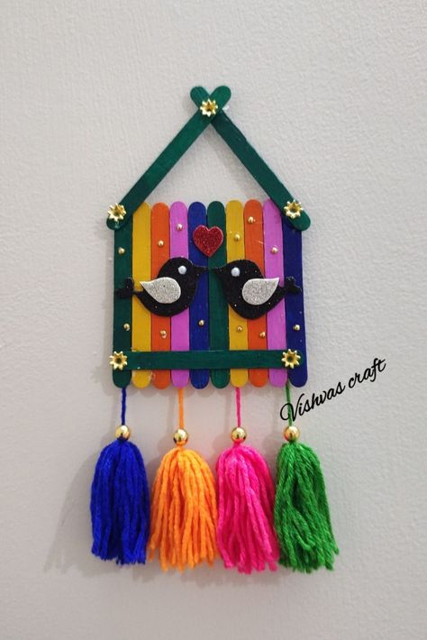 Wall hanging ideas using with ice-cream sticks Icecreamsticks Crafts Wall Decor, Icecreamsticks Crafts, Wall Craft Ideas, Sticks Wall Decor, Ice Cream Stick Crafts, Stick Decorations, Ice Cream Stick Craft, Popsicle Stick Crafts House, Decorating With Sticks