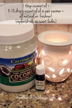 All natural wax warmer solution: 1 tbsp coconut oil and 8-10 drops essential oil of choice. Works perfectly and smells great with no chemicals! (from Texas Tales @ bellsandkilts.blogspot.com) Diy Scent, Homemade Mixes, Coconut Oil Uses, Astuces Diy, Young Living Oils, Bright Ideas, Oil Uses, Essential Oil Uses, Oil Blends