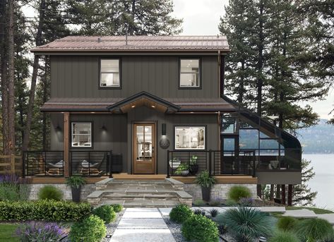 8 Rustic Paint Colors for Home Exteriors - brick&batten Dark House Light Roof, Gray Green Exterior Paint Colors, Brown Exterior House Colors, Rustic Exterior House Colors, Frame Addition, Rustic Paint Colors, Wyoming House, Green Exterior Paints, Cedar Shingle Siding