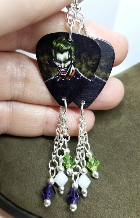 The Joker Guitar Pick Earrings with Swarovski Crystals Dangles #Handmade #DropDangleChandelierDangleDrop Guitar Pick Earrings, Black Guitar, Guitar Picks, The Joker, Guitar Pick, Swarovski Crystals, Guitar, Gift Ideas, Pendant Necklace