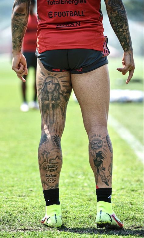 Football Leg Tattoo Men, Football Leg Tattoo, Playboy Tattoo Men, 4lifers Tattoo, Leg Sleeve Tattoo Men Full, Mens Thigh Tattoo, Leg Tats Men, Thigh Tattoos Men, Thigh Tats Men