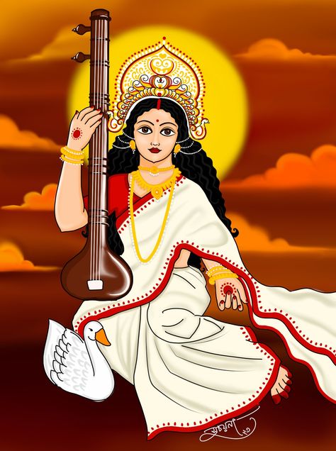 Ma Saraswati Painting, Saraswati Puja Painting, Saraswati Thakur Drawing, Ma Saraswati Images, Saraswati Puja Drawing, Maa Saraswati Painting, Saraswati Illustration, Saraswati Goddess Paintings, Saraswati Maa Drawing