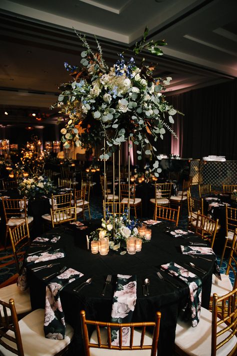 Black White Grey Silver Wedding, Black And Silver Reception Decor, Black Gold Floral Arrangement, Blue Green Gold Black Wedding, Green Black And Gold Wedding Decor, Emerald Green And Black Wedding Reception, Green Gold And Black Party, Wedding Reception Ballroom Decor, Green Black White Gray Wedding Decorations