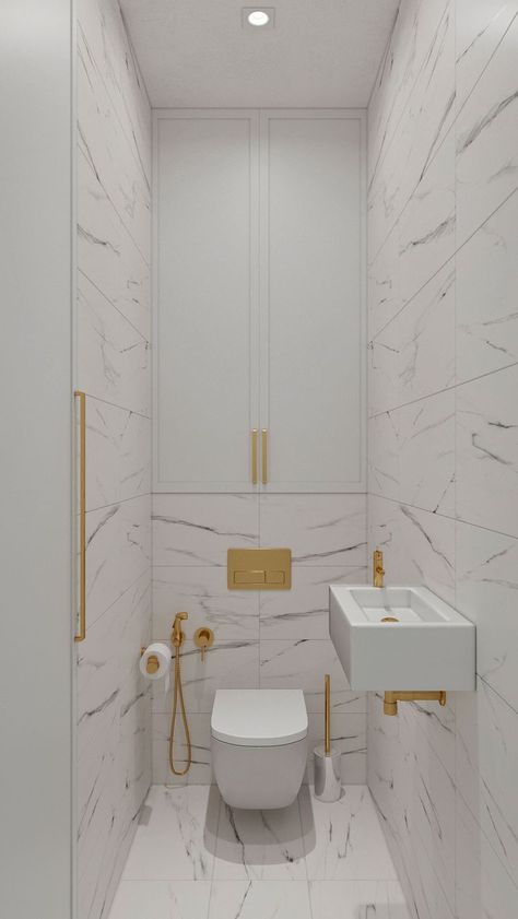 Small Bathroom Ideas Gold, White Gold Bathroom Ideas, Bathroom White Gold, Small Bathroom White, Gold White Bathroom, Luxury Toilet Design, White Guest Bathroom, White Gold Bathroom, Small Toilet Decor