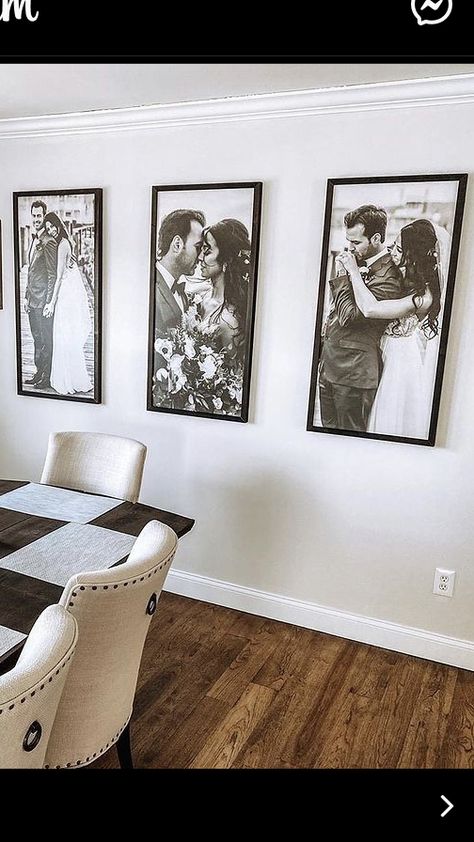 Us Home Decor, Dining Room With Family Pictures, Picture Wall Wedding Photos, Long Photo Frame Wall Ideas, Photo Frames In Bedroom Ideas, Canvas Living Room Decor Family Photos, Mixtiles Photo Wall Wedding, Married House Decor, Wedding Picture Living Room Display