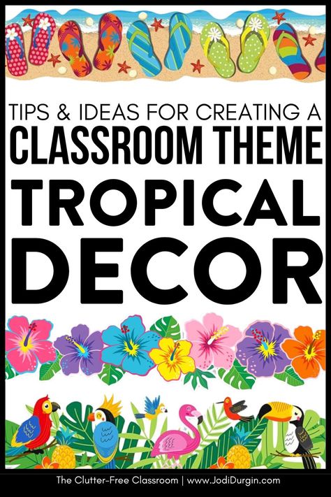 Elementary School Teachers wanting to decorate with a Tropical Classroom Theme or Door Decor Ideas will find the inspiring photos & decorating tips from the Clutter Free Classroom. First-Fifth grade educators wondering how to set up a classroom on a budget are going to love the bulletin board inspo, photos, & DIY tips for setting up their rooms for back to school to be encouraging. You'll also find classroom decor bundles & theme ideas to be quick & easy! Tropical Door Design, Hawaiian Classroom Decorations, Tropical Classroom Theme Ideas, Hawaiian Classroom Theme, Tropical Bulletin Board Ideas, Bulletin Board Decoration Ideas School, Hawaiian Bulletin Board Ideas, Tropical Classroom Theme, Classroom On A Budget