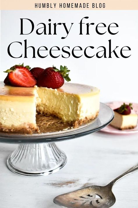 Dairy free cheesecake on a plater with a piece taken out Dairy Gluten Free Cheesecake, Best Dairy Free Cheesecake, Non Dairy Cheesecake Recipes, Lactose Desserts Dairy Free, Lactose Free Cheesecake Recipe, Dairy Free Strawberry Cheesecake, Easy Dairy Free Cheesecake, No Dairy Cheesecake, Gluten And Dairy Free Cheesecake