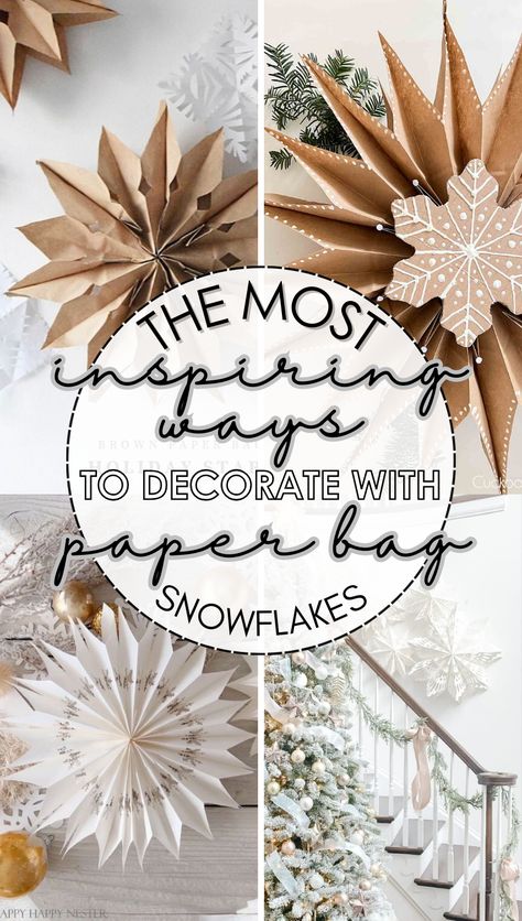 Diy Winter Window Decor, Paper Snowflake Window Display, Paper Snowflakes In Window, How To Make Giant Paper Snowflakes, How To Hang Paper Snowflakes, Snowflake Paper Diy, Paper Bag Snow Flake, Paperbag Snowflake Patterns, Lunch Bag Snowflake Patterns